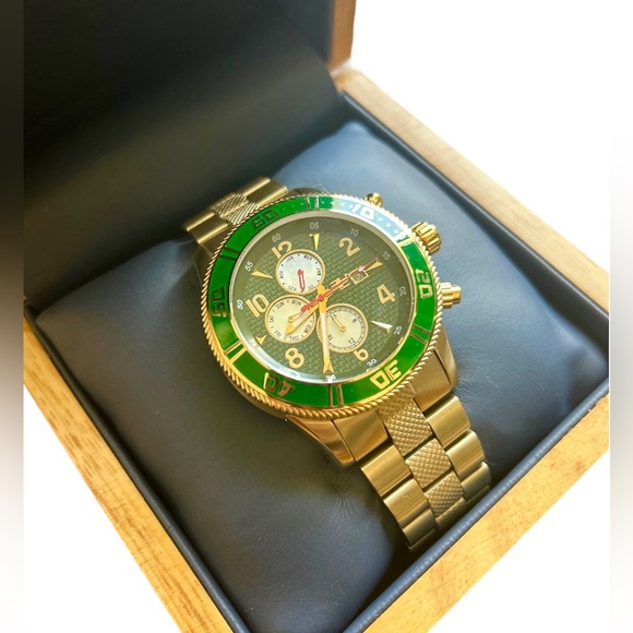 32 Degrees Gold, Green Carbon Fiber & MOP Mens Chronograph Watch NIB GIFT! - Picture 5 of 9